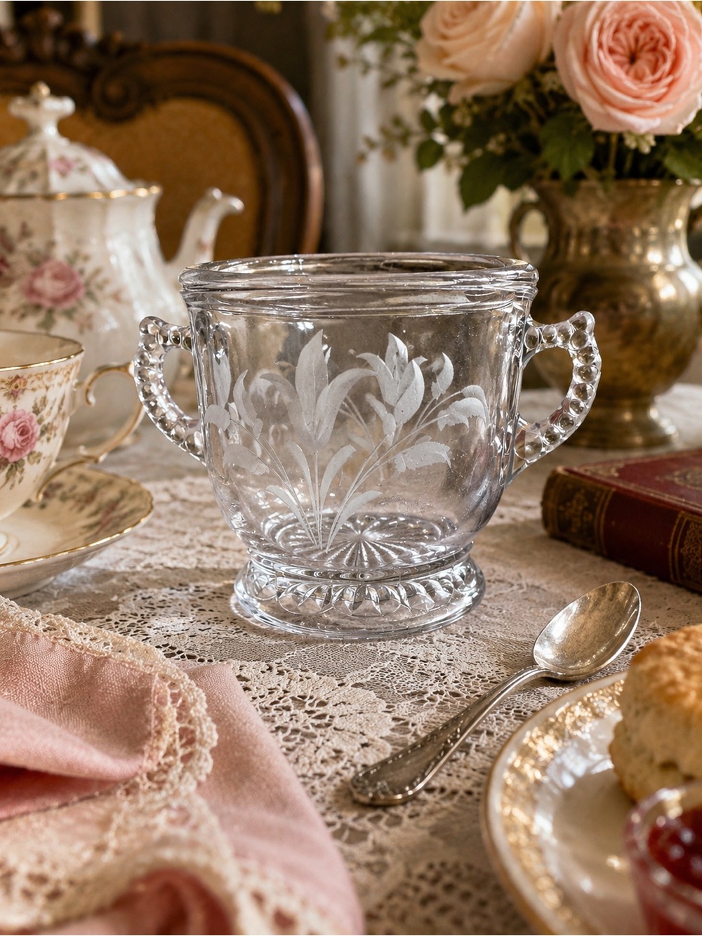 Vintage Etched Glass Double-Handle Sugar Bowl / Spoon Holder